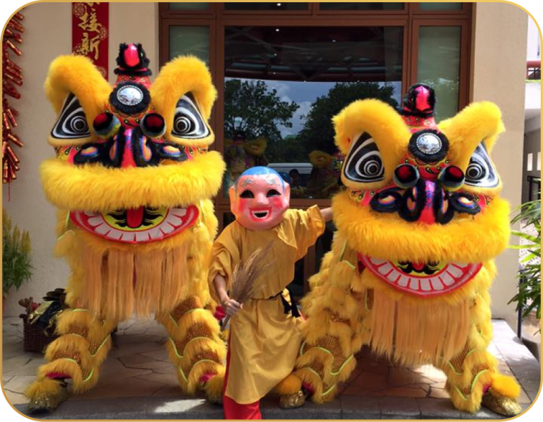 twin lion dance with mascot